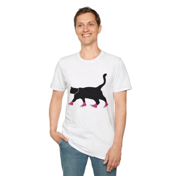 Man wearing a white Cool Cat Black Silouette in Pink Chucks and pearls t-shirt