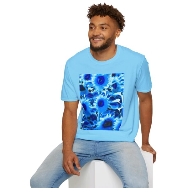 Man wearing Blue Sunflowers unisex sofftstyle t-shirt in light blue