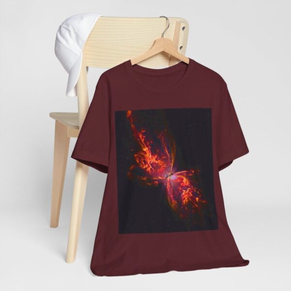 Butterfly Nebula JWST Unisex Jersey in Maroon hanging on a chair