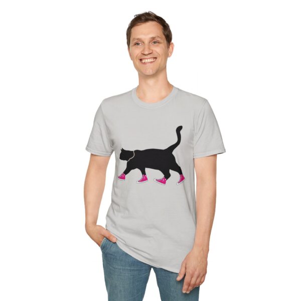 Man wearing a grey Cool Cat Black Silouette in Pink Chucks and pearls t-shirt