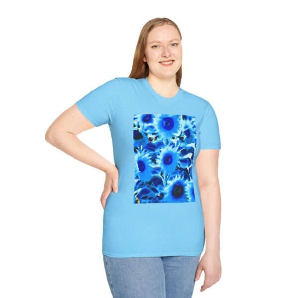 woman wearing Blue Sunflowers unisex sofftstyle t-shirt in light blue