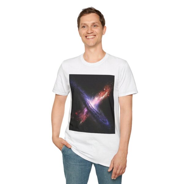 Man wearing Erupting Quasar JWST Unisex Softstyle T-shirt in white