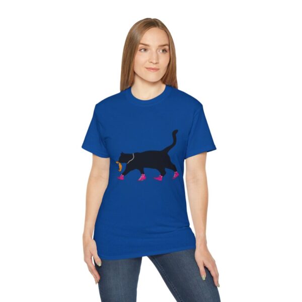 woman wearing Black Cat in Chucks and Pearls on a Blue T-shirt