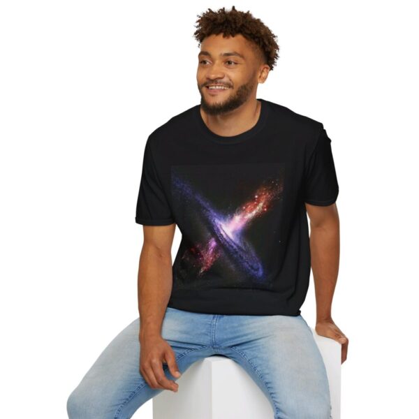 Man wearing Black Erupting Quasar JWST Unisex Softstyle T-Shirt