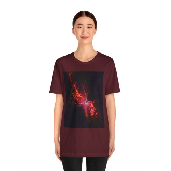 Woman wearing Butterfly Nebula JWST Unisex Jersey Short Sleeve Tee in maroon