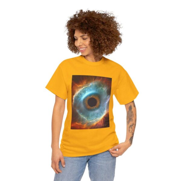 Woman wearing "Eye am Watching" Nebula JWST Unisex Heavy Cotton Tee in Gold