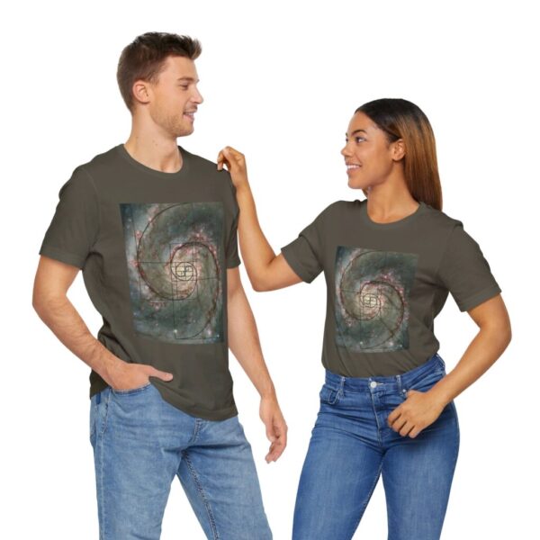 Two people wearing Fibonocci Spiral JWST Unisex Jersey Short Sleeve Tee in Army