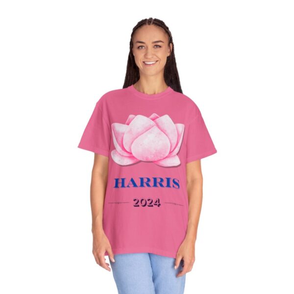 Woman wearing Pink Lotus Harris 2024 T-shirt in Pink