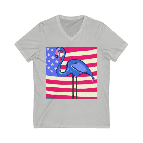 Unisex Jersey in Athletic Heather with a blue flamingo in front of the American Flag