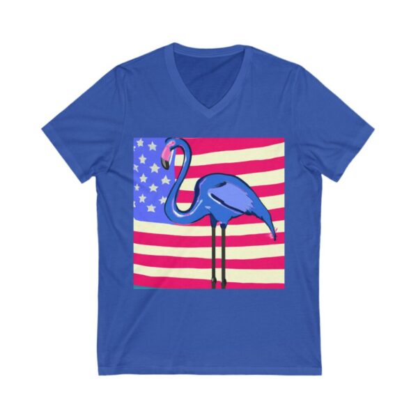 Unisex Jersey n blue with a blue flamingo in front of the American Flag